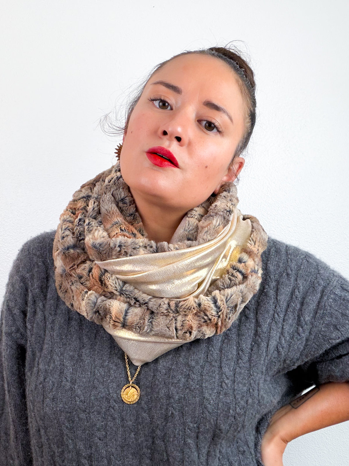 Faux Fur Circle Scarf Amber Metallic Gold