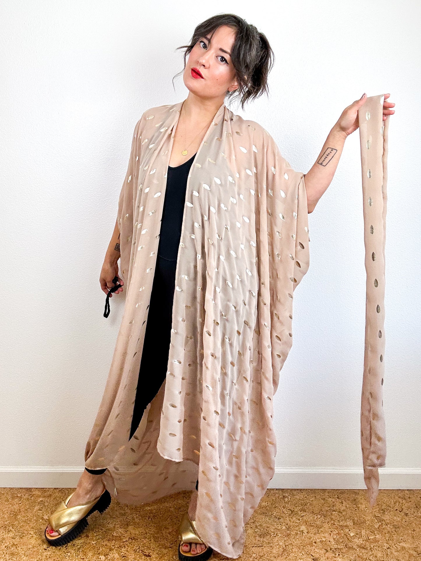 Print High Low Kimono Tan Gold Leaf Chiffon