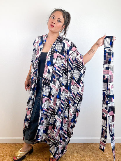 Print High Low Kimono Blue Pink Grid Challis