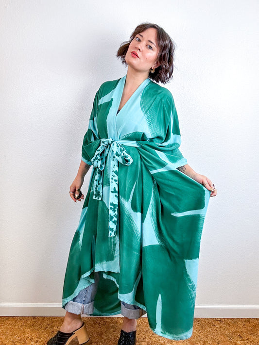 Hand-Dyed High Low Kimono Aqua Forest Brushstroke