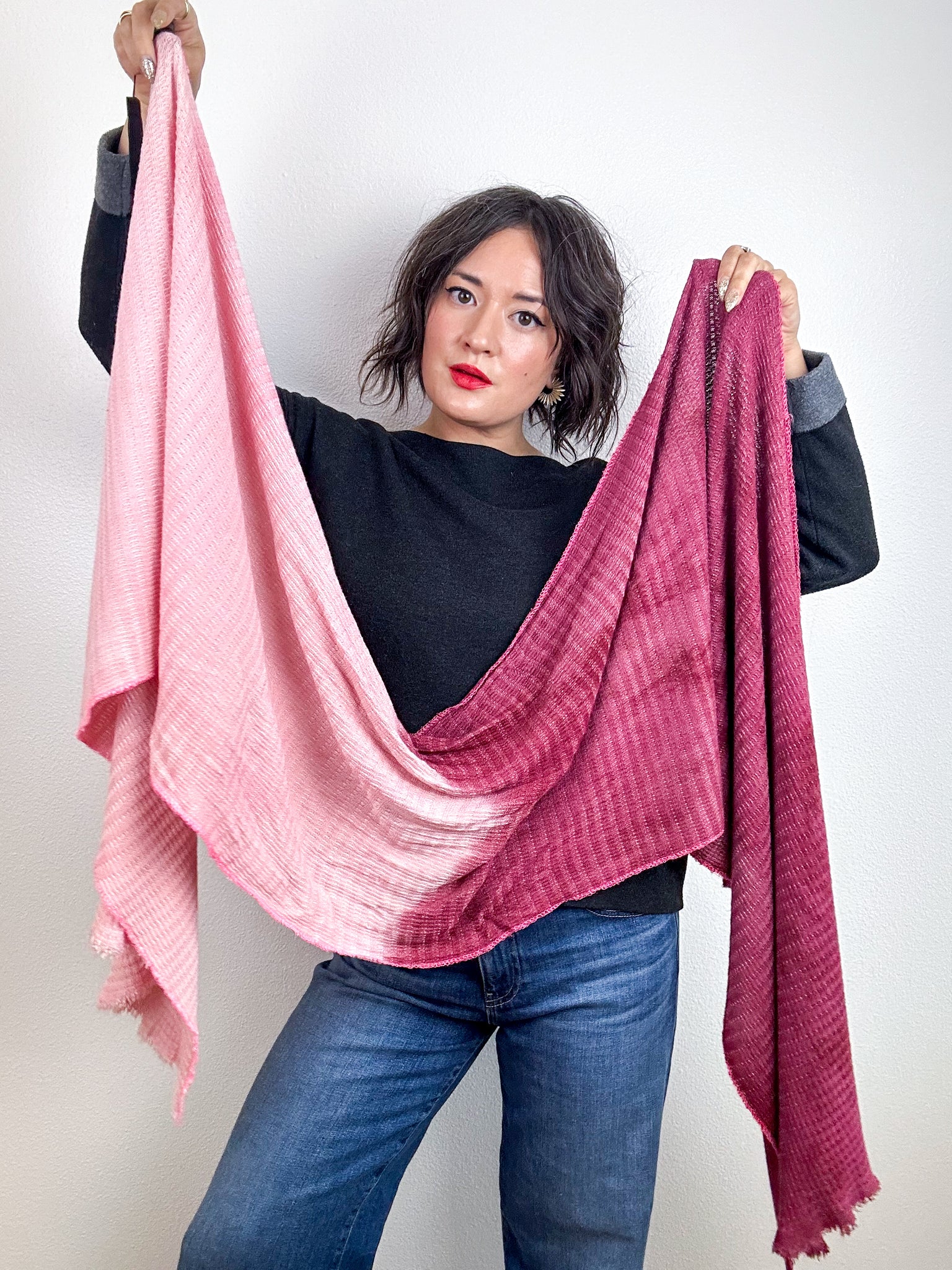 Hand-Dyed Two Tone Knit Scarf Maroon Blush