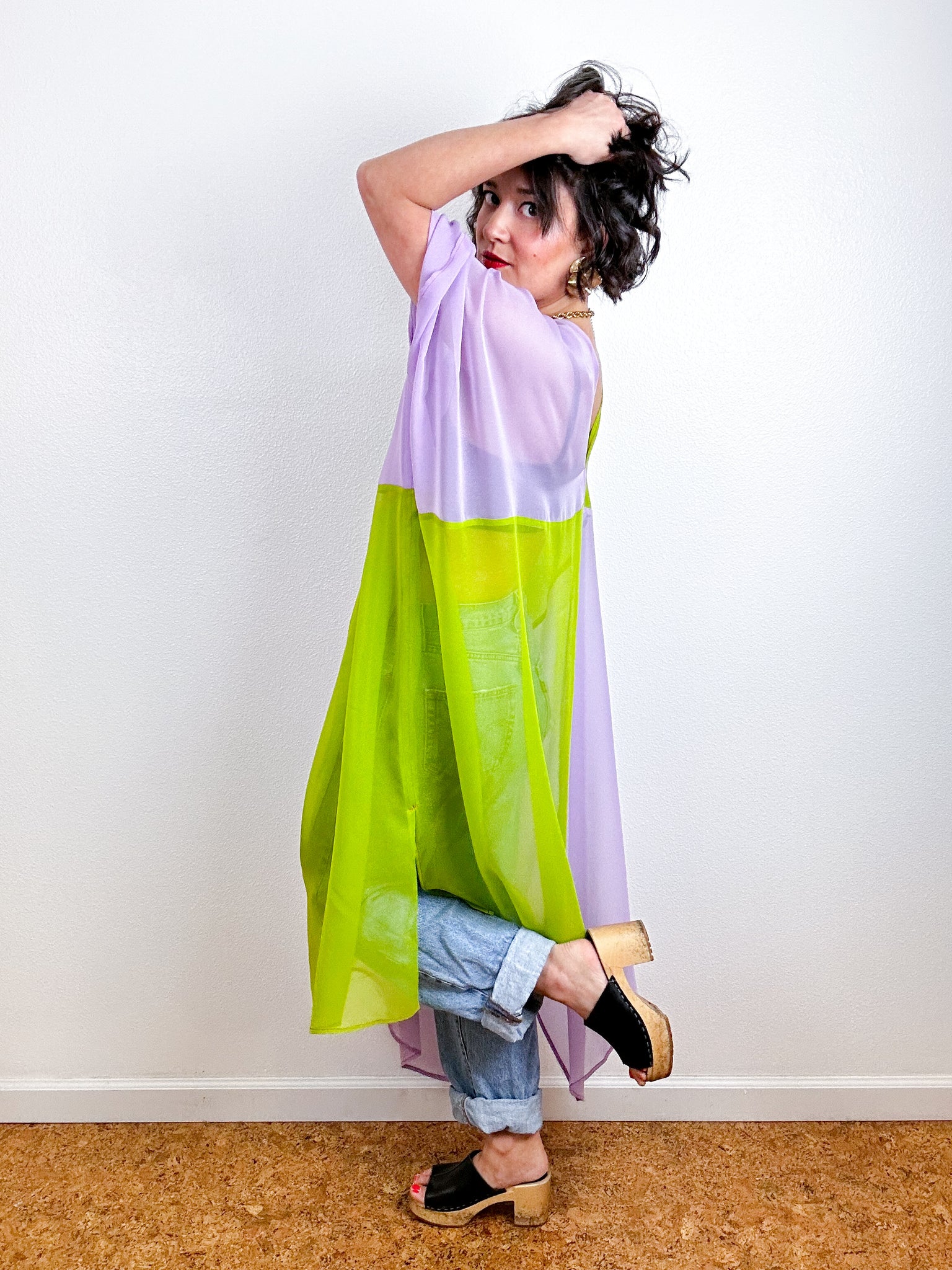 SILK Color Block Midi Caftan Dress Chartreuse Lavender