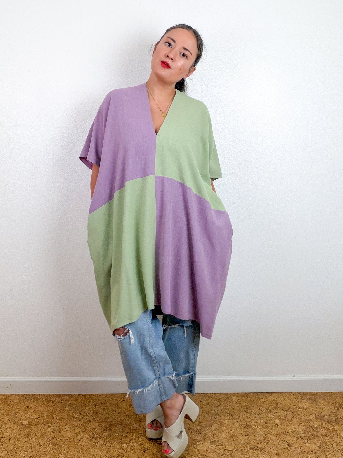 Linen Blend Caftan Dress Lavender Sage Color Block