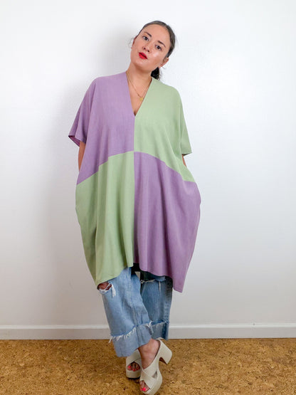 Linen Blend Caftan Dress Lavender Sage Color Block