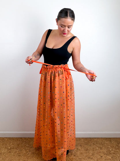 THE SKIRT Orange Rainbow Dots Silk Chiffon