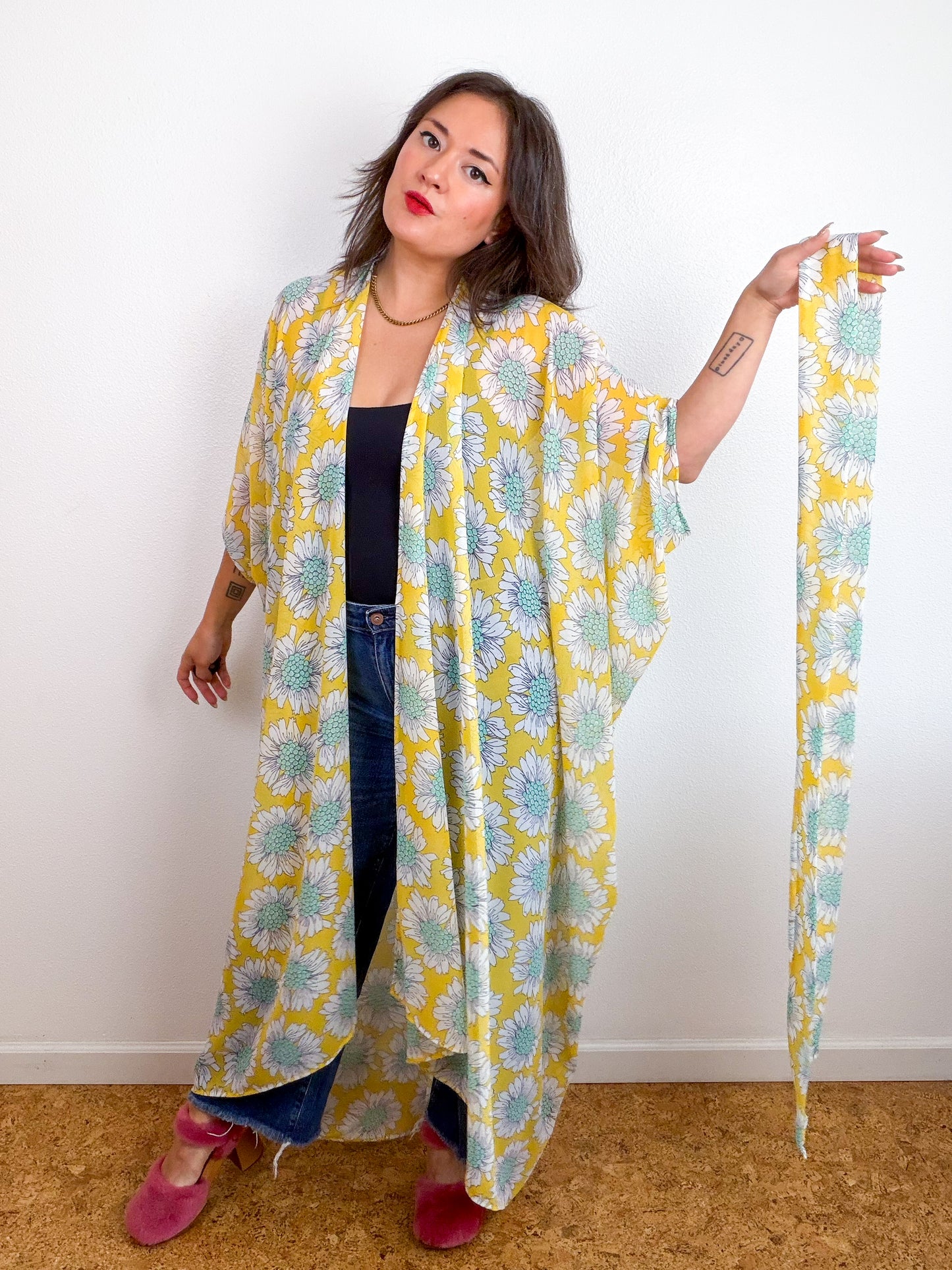 Print High Low Kimono Yellow Daisy Chiffon