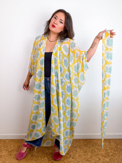 Print High Low Kimono Yellow Daisy Chiffon
