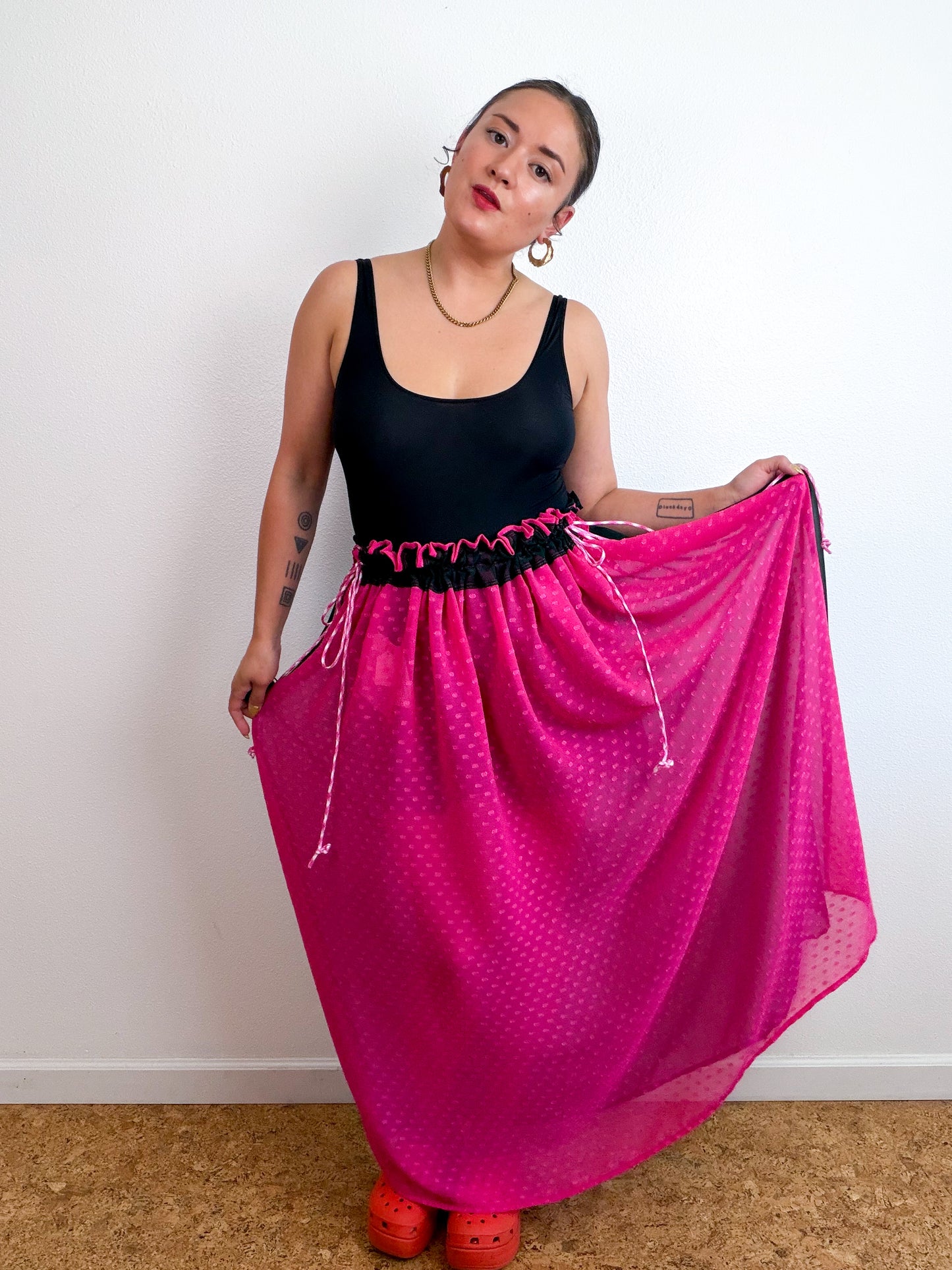 THE SKIRT Fuchsia Swiss Dot Hunter Green Reversible Chiffon