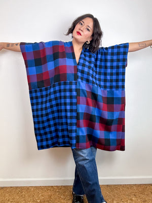 Oversized Patchwork Plaid Smock Dress Blue Jewel