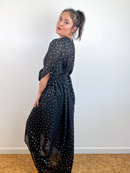 Print High Low Kimono Black Silver Hearts Chiffon