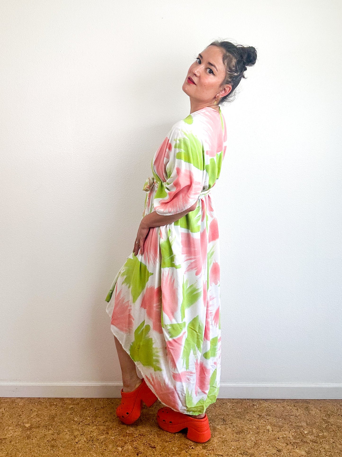 Hand-Dyed High Low Kimono Lime Peach Painterly