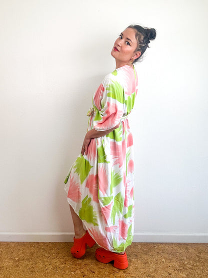 Hand-Dyed High Low Kimono Lime Peach Painterly