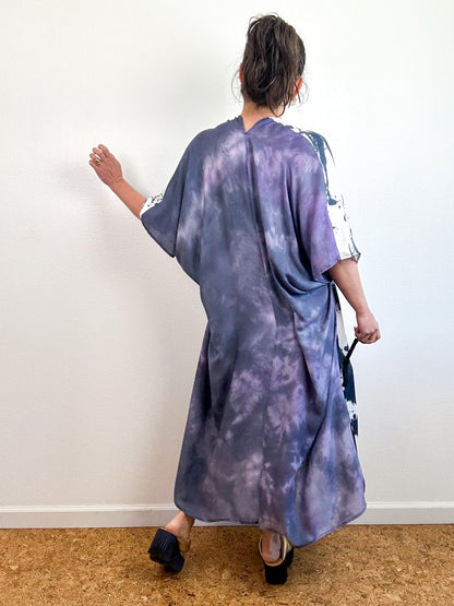 Hand-Dyed Bamboo Tie Caftan Black Sumi Lavender Mix