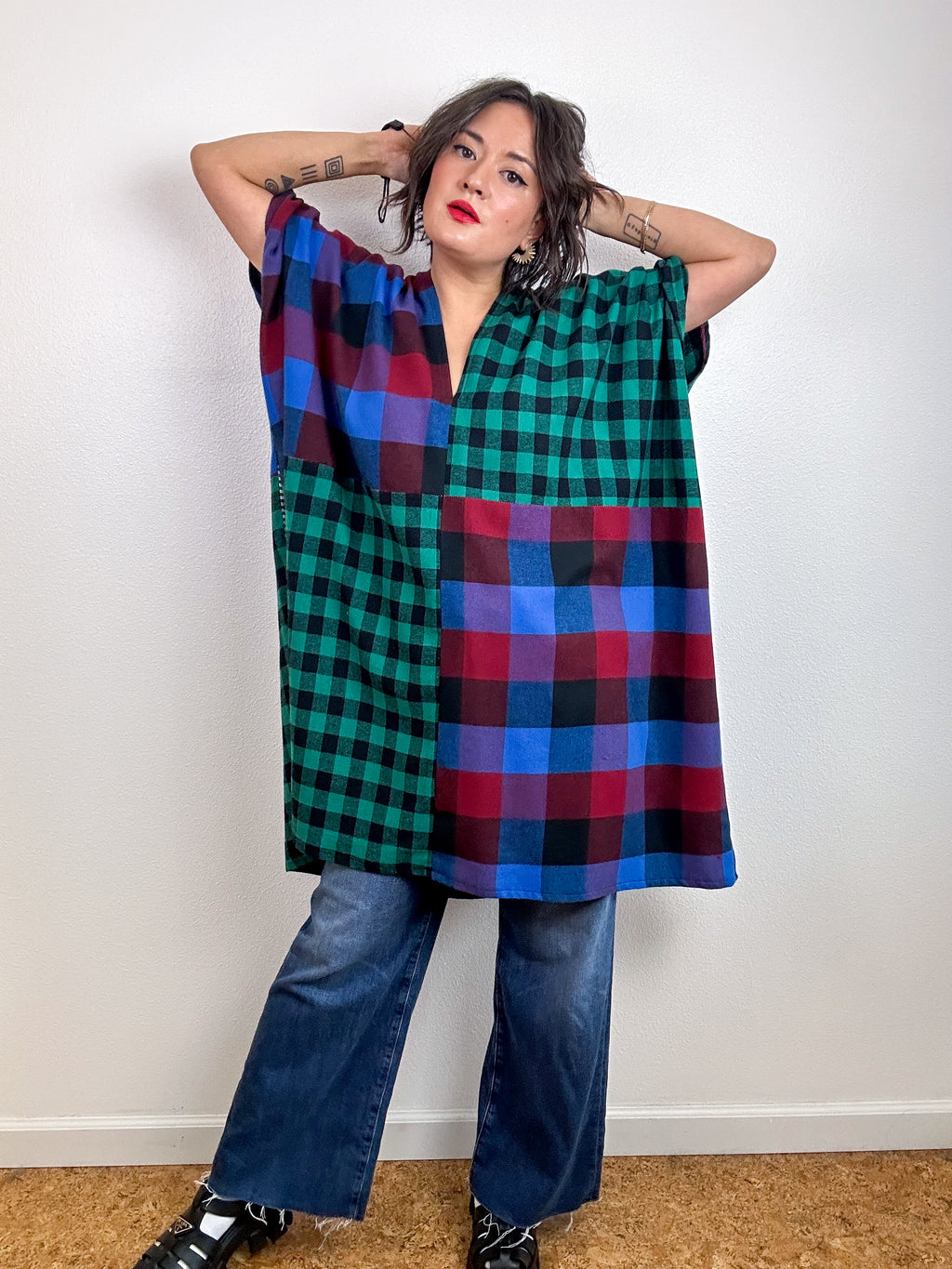 Oversized Patchwork Plaid Smock Dress Green Jewel