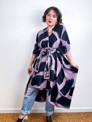 Hand-Dyed High Low Kimono Mauve Black Brush