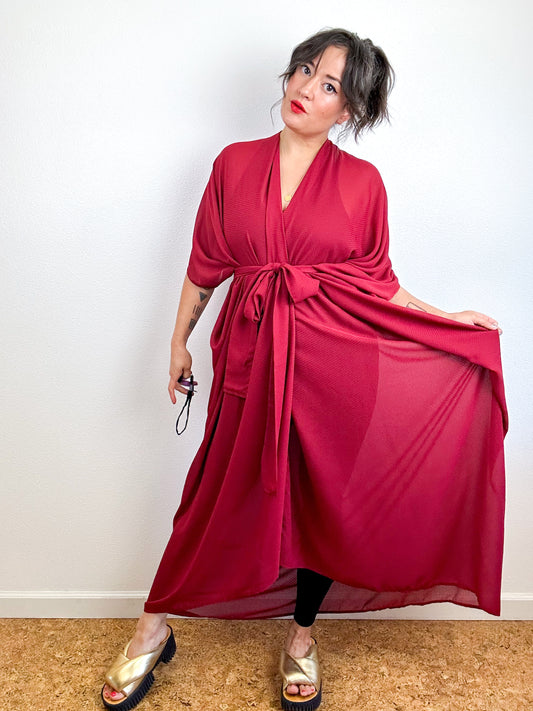 Print High Low Kimono Crimson Mini Grid Chiffon