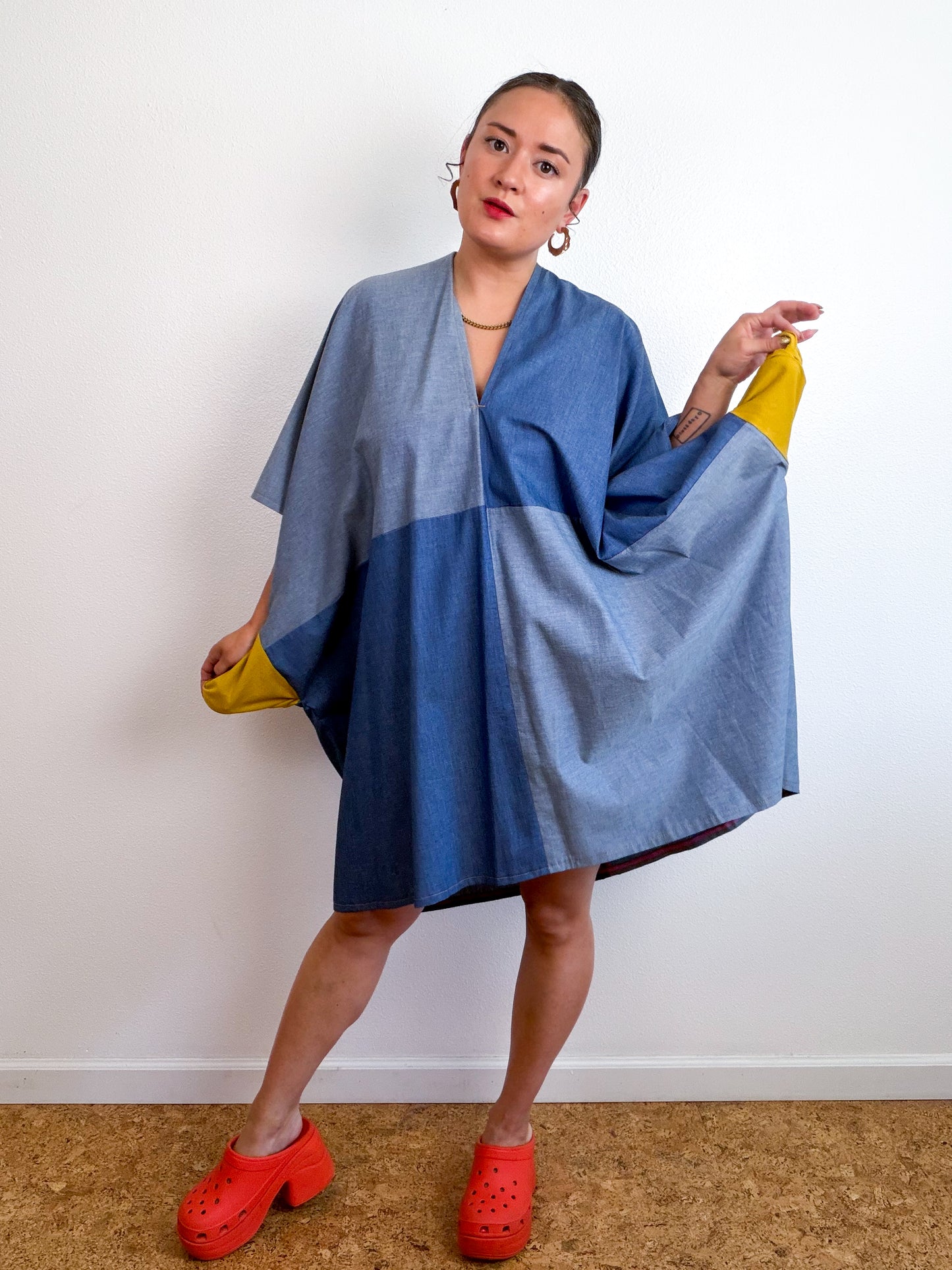 Cotton Chambray Caftan Dress Light Denim Color Block