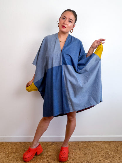Cotton Chambray Caftan Dress Light Denim Color Block
