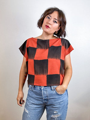 Hand-Dyed Flip Crop Linen Rust Black Check Brush