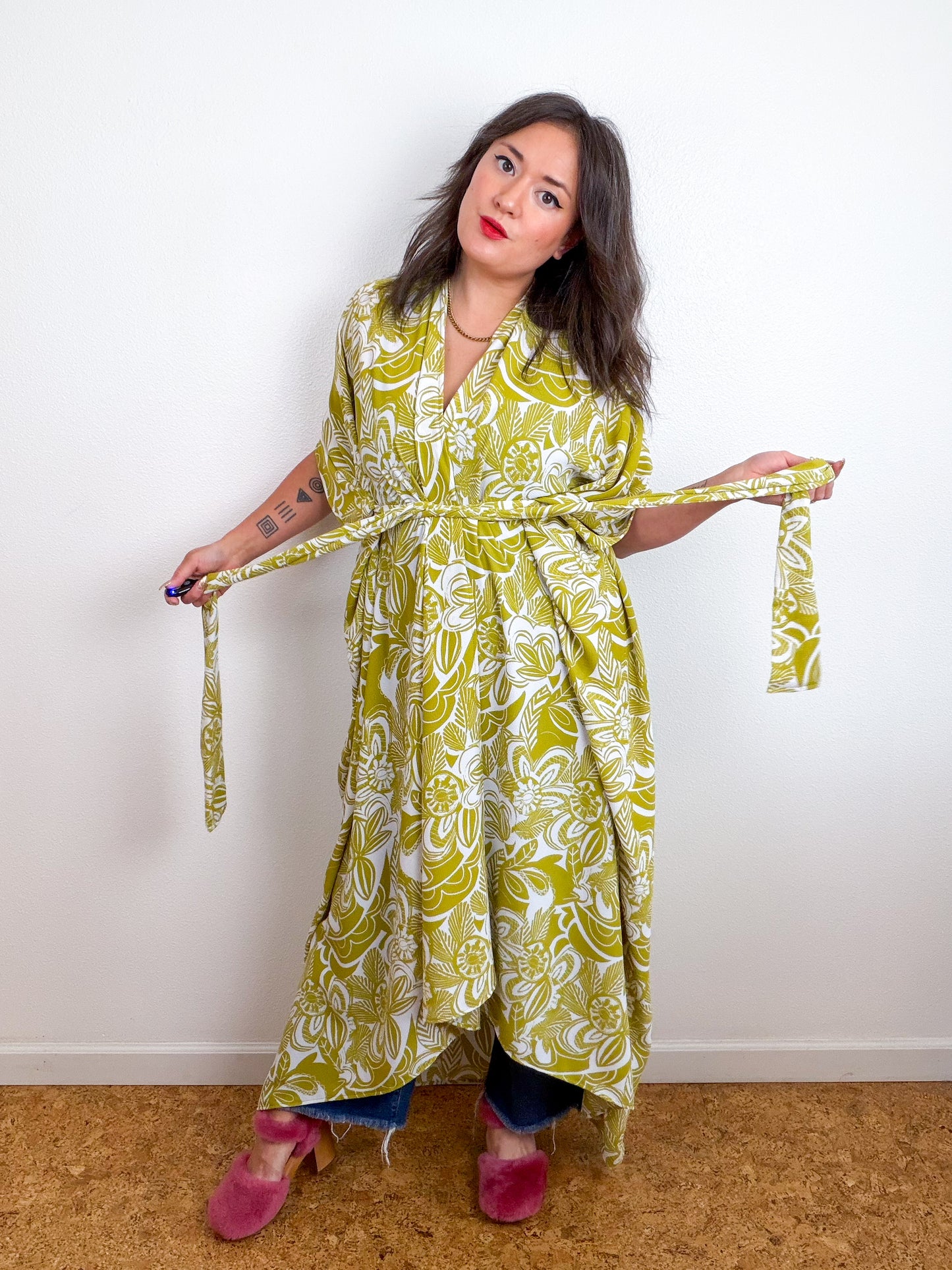 Print High Low Kimono Chartreuse Seventies Floral Bubble Crepe