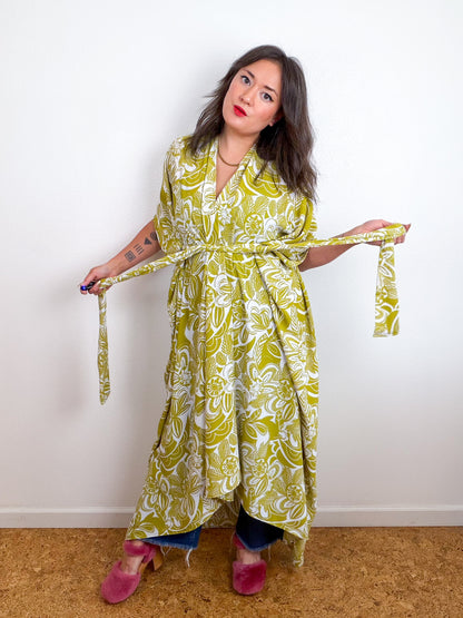Print High Low Kimono Chartreuse Seventies Floral Bubble Crepe
