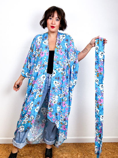Print High Low Kimono Turquoise Floral Challis