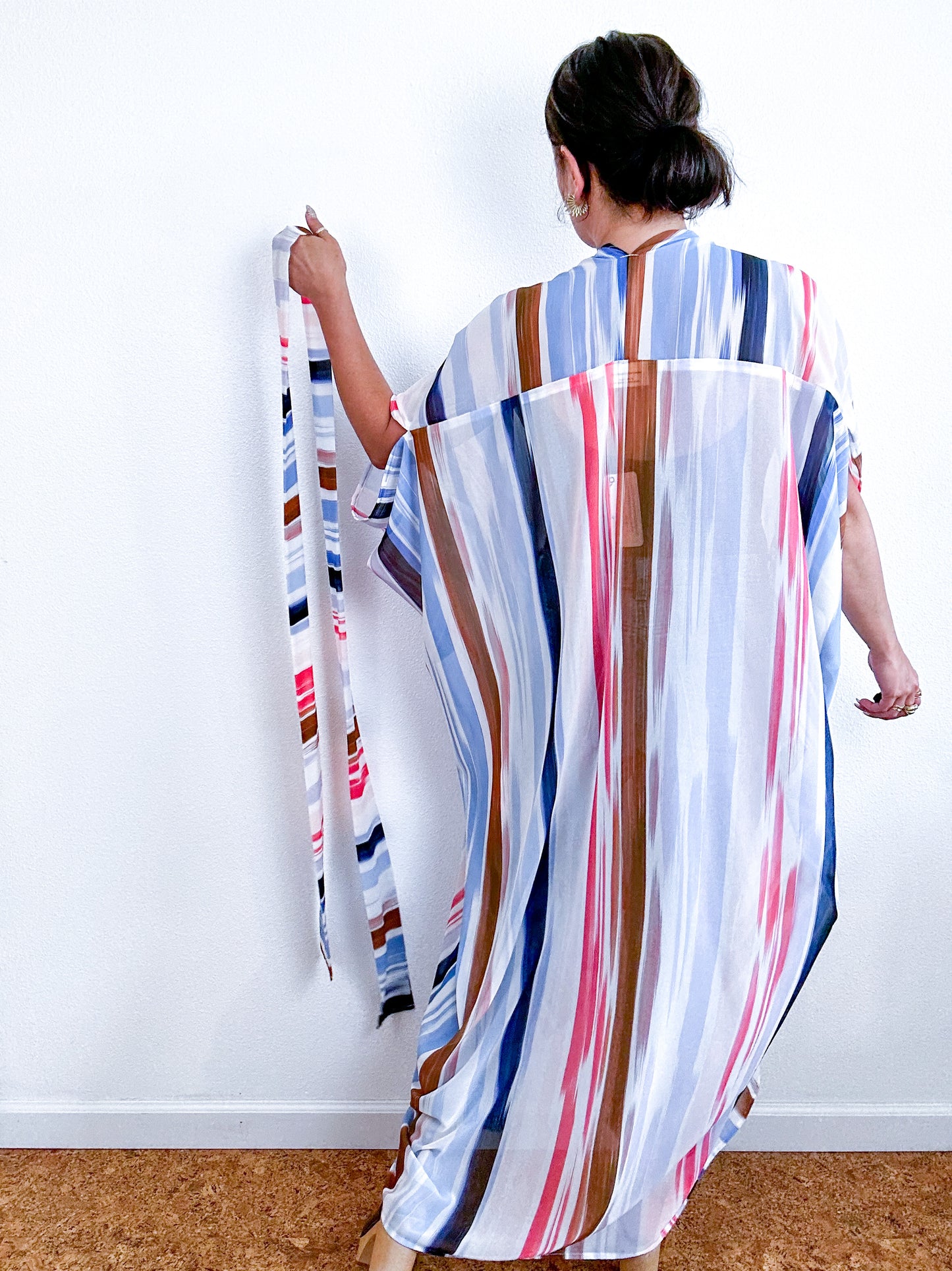 Print High Low Kimono Painterly Lines Chiffon