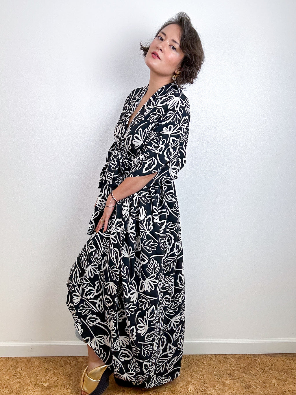 Print High Low Kimono Black Ivory Georgette