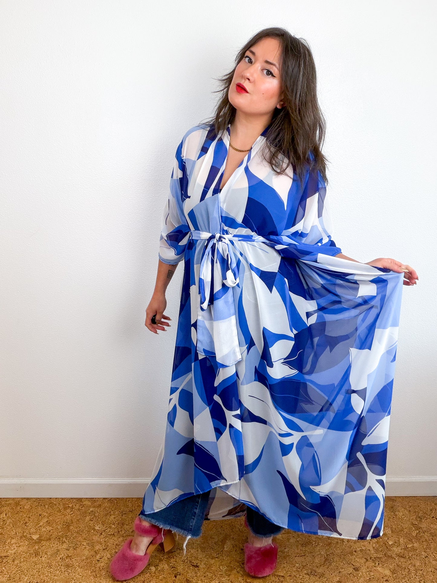 Print High Low Kimono Blue Large Leaves Chiffon