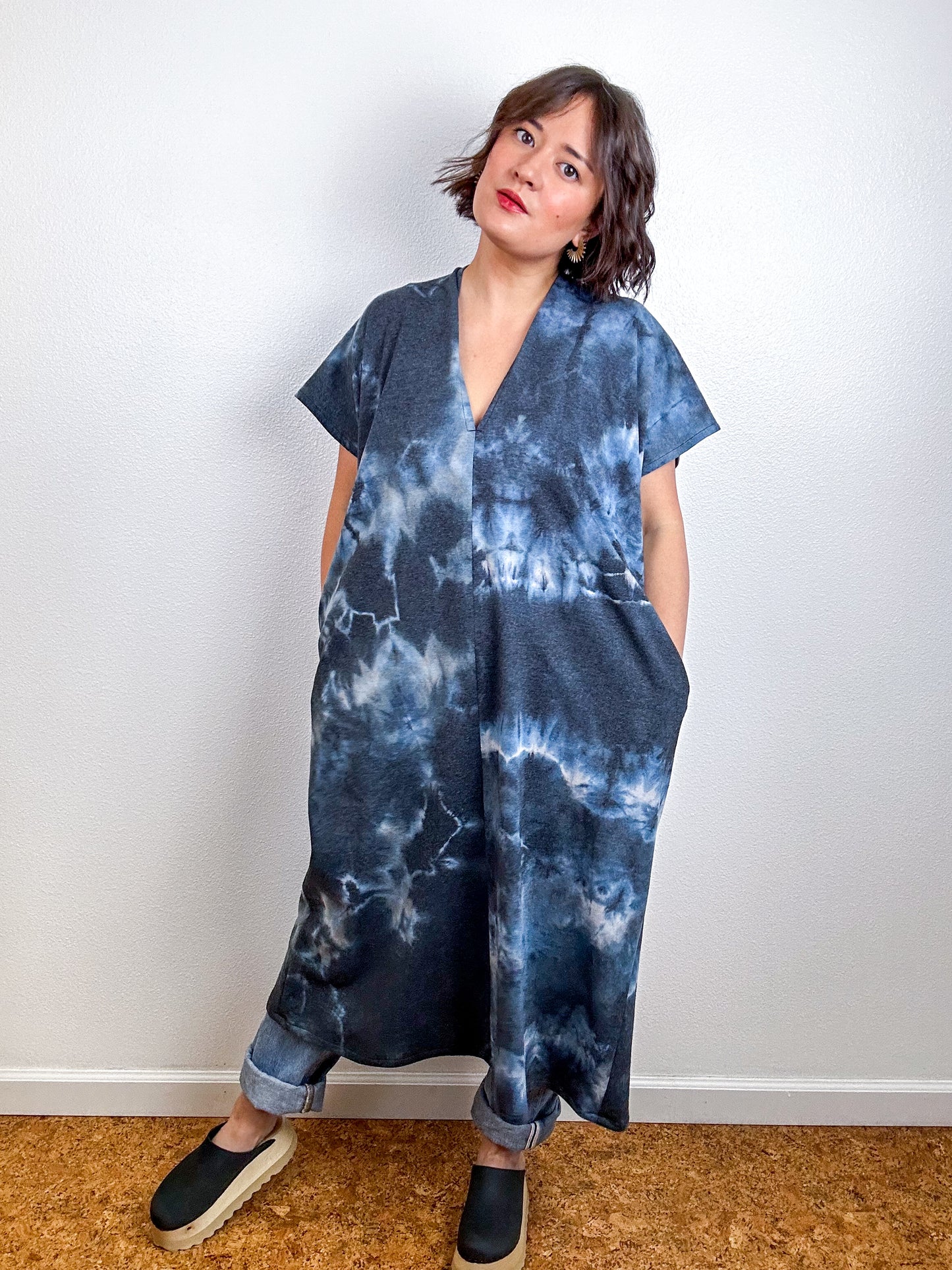 Hand-Dyed Midi Sweatshirt Smock Dress Blue Black Tie