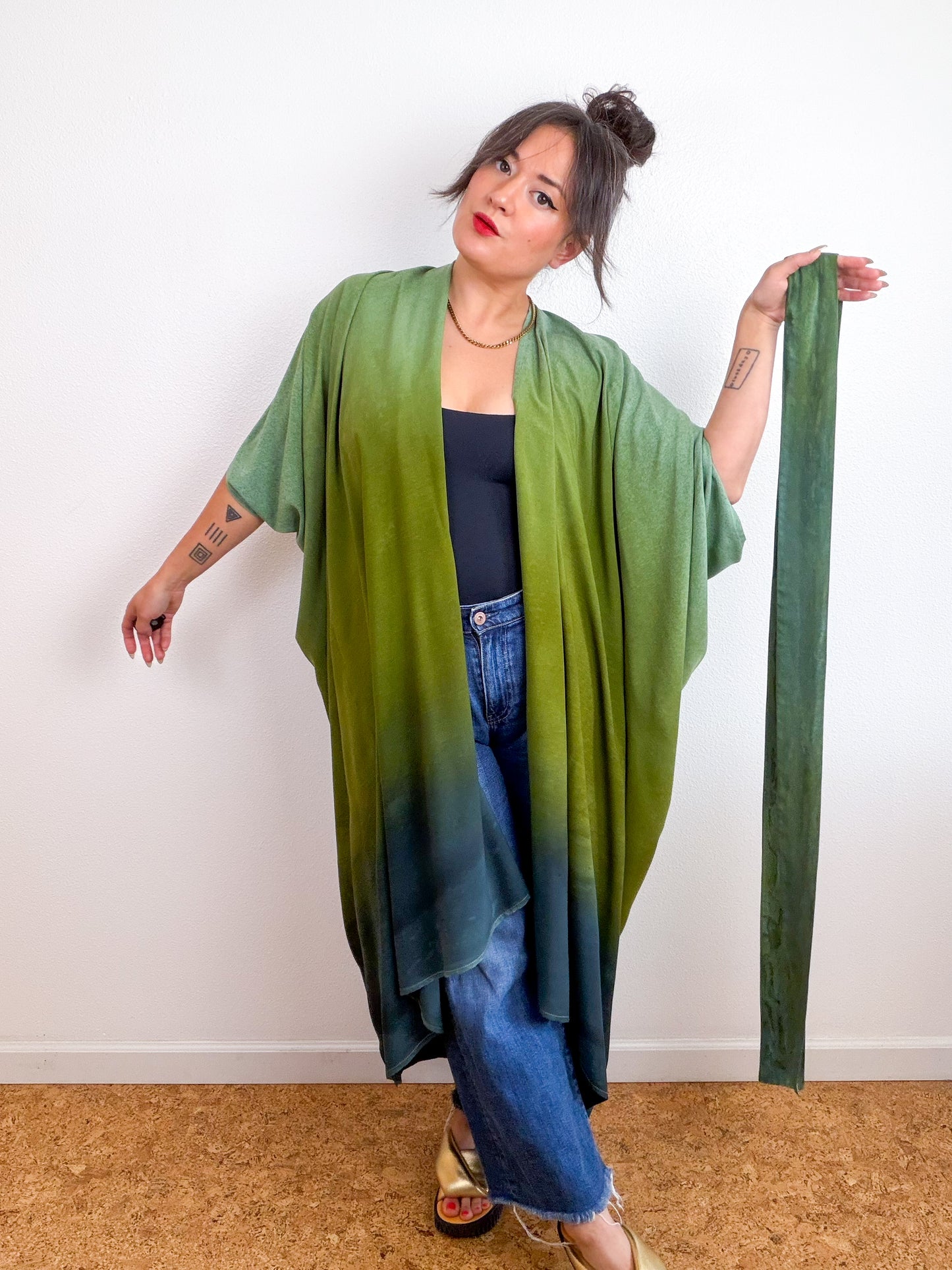 Hand-Dyed High Low Kimono Sage Moss Charcoal Gradient