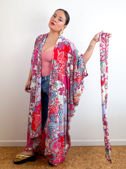 Print High Low Kimono Fuchsia Blue Paisley Bubble Crepe