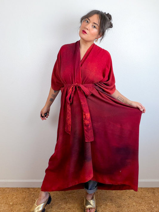 Hand-Dyed High Low Kimono Crimson Fuchsia Maroon Gradient