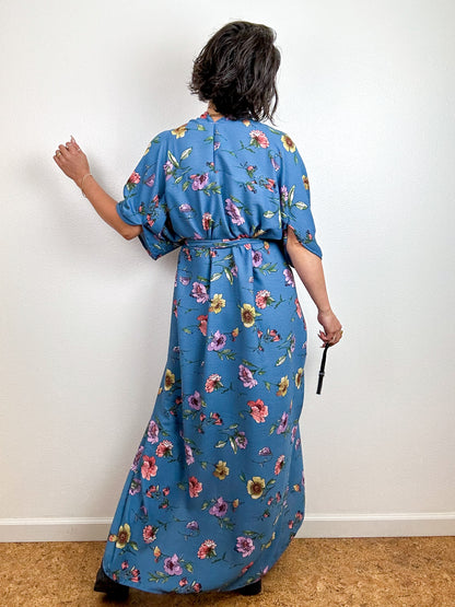 Print High Low Kimono Blue Scattered Floral Rayon Crepe