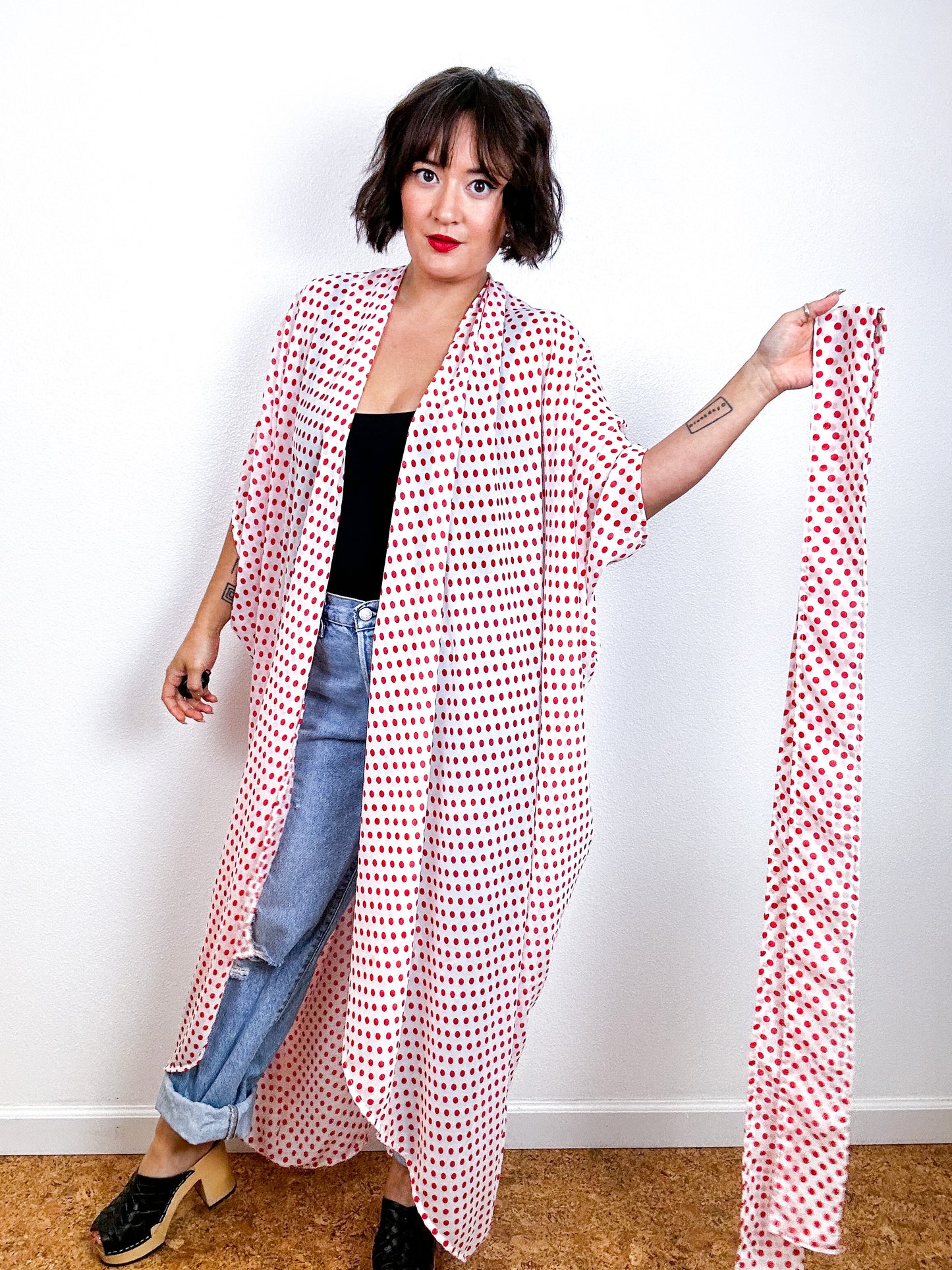 Print High Low Kimono Red Dots Chiffon
