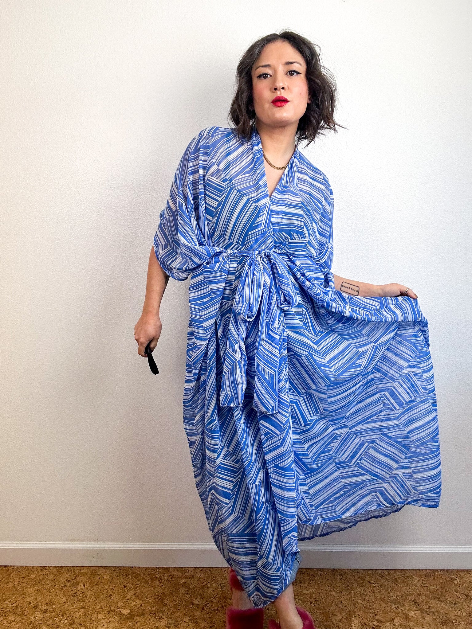 Print High Low Kimono Blue Lines Chiffon