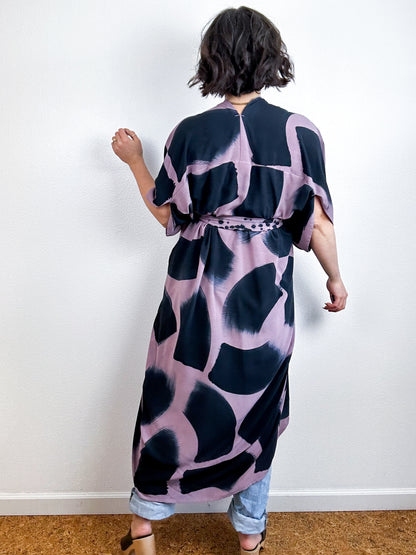 Hand-Dyed High Low Kimono Mauve Black Brush