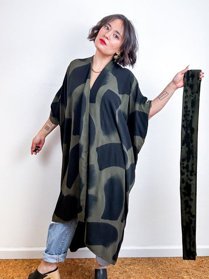 Hand-Dyed High Low Kimono Olive Black Brush
