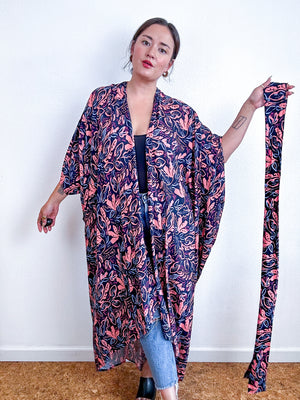 Print High Low Kimono Navy Coral Leaves Challis