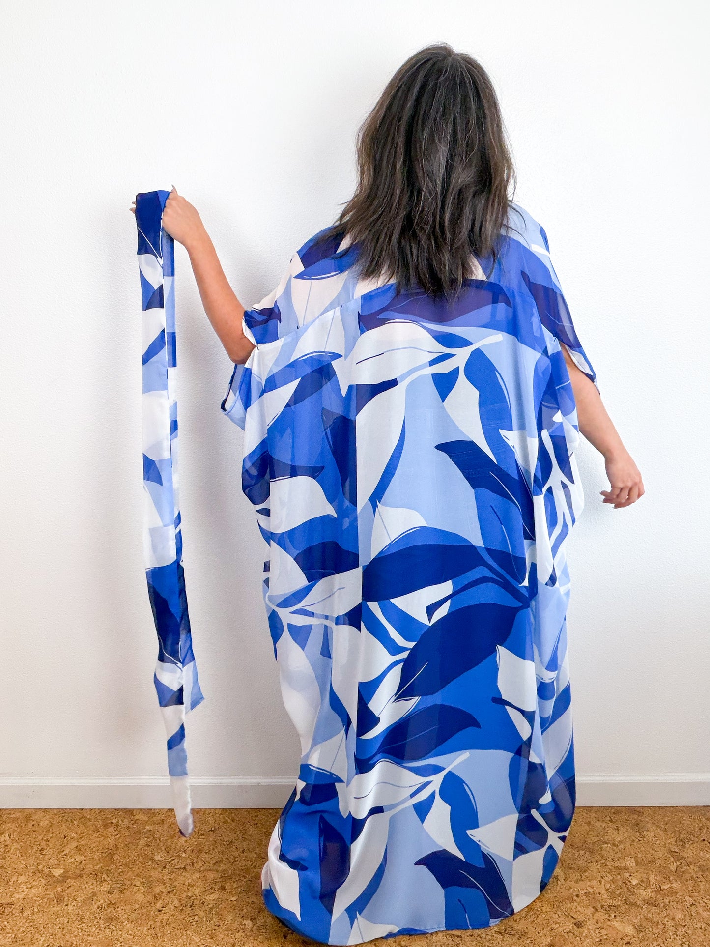 Print High Low Kimono Blue Large Leaves Chiffon