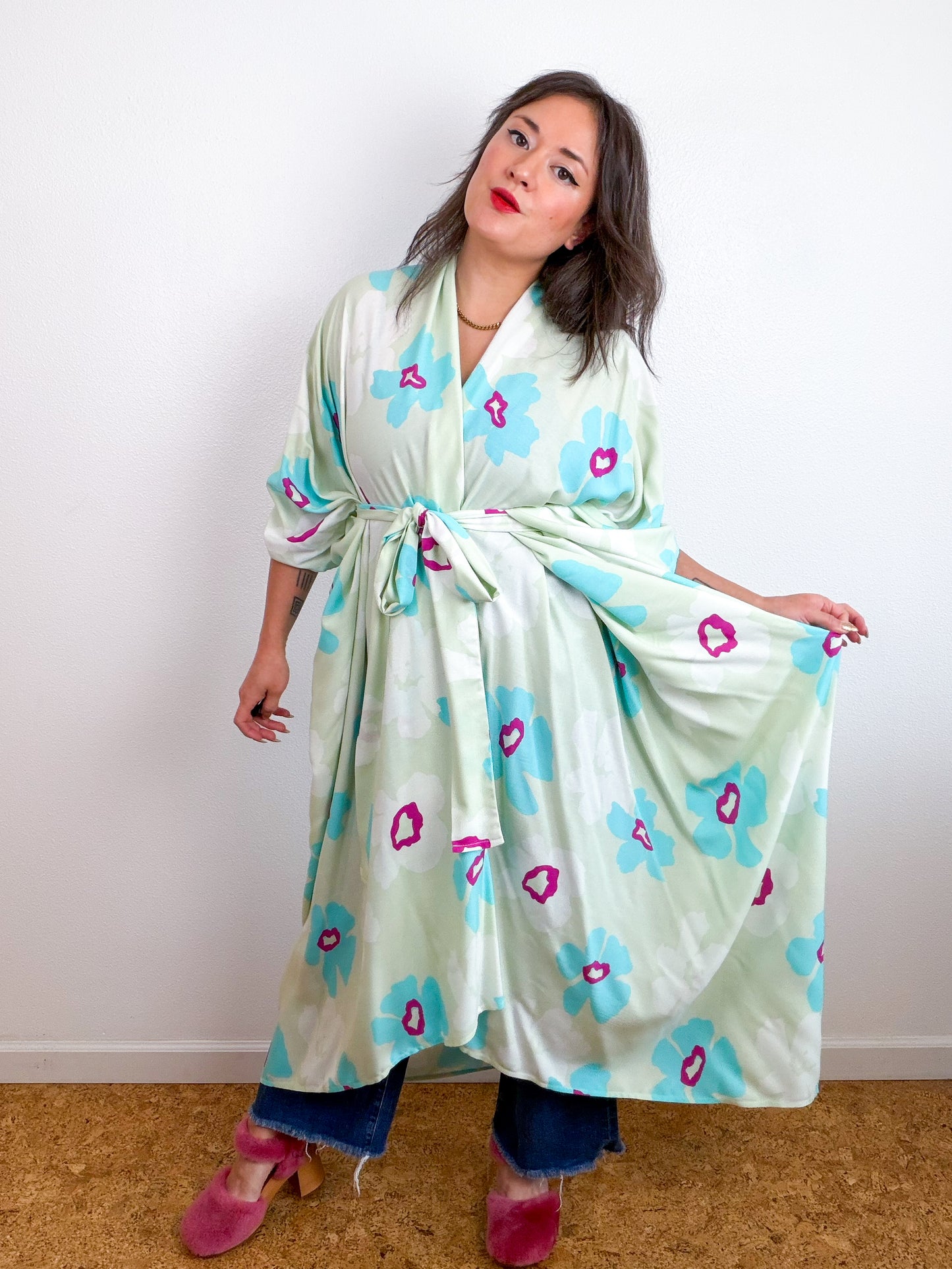 Print High Low Kimono Seafoam Floral Challis