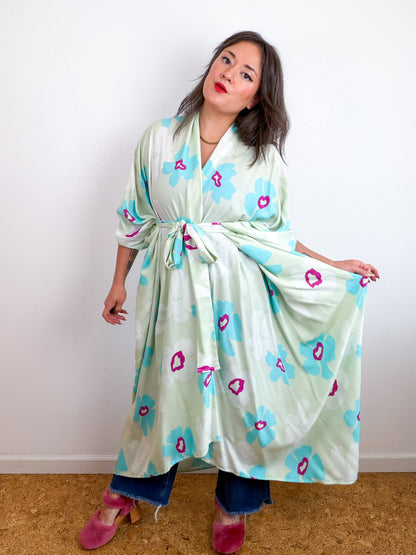 Print High Low Kimono Seafoam Floral Challis