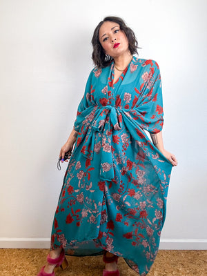 Print High Low Kimono Teal Paisley Chiffon