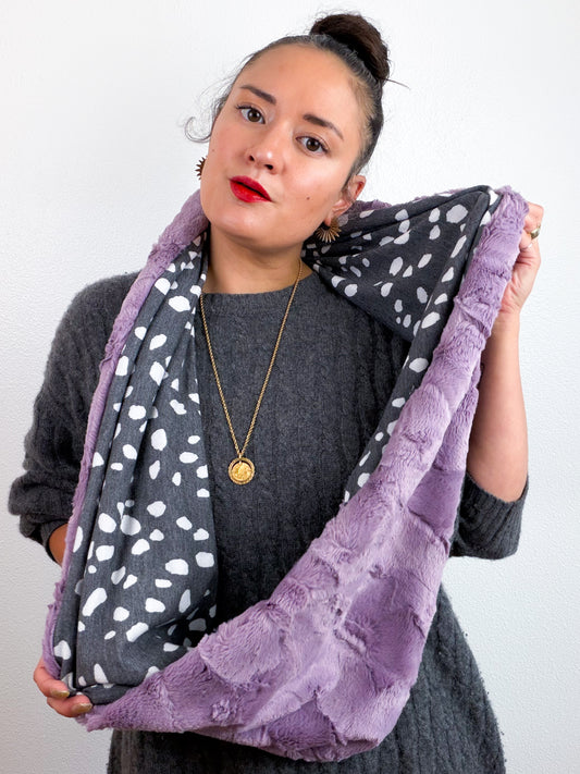 Faux Fur Circle Scarf Lavender Grey Dots