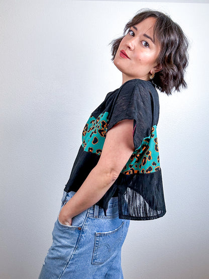 Scrappy Crop Green Leopard Black Chiffon