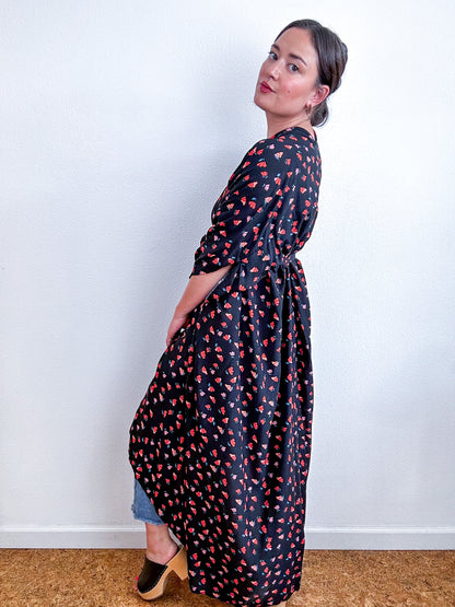 Print High Low Kimono Black Red Mini Poppy Challis