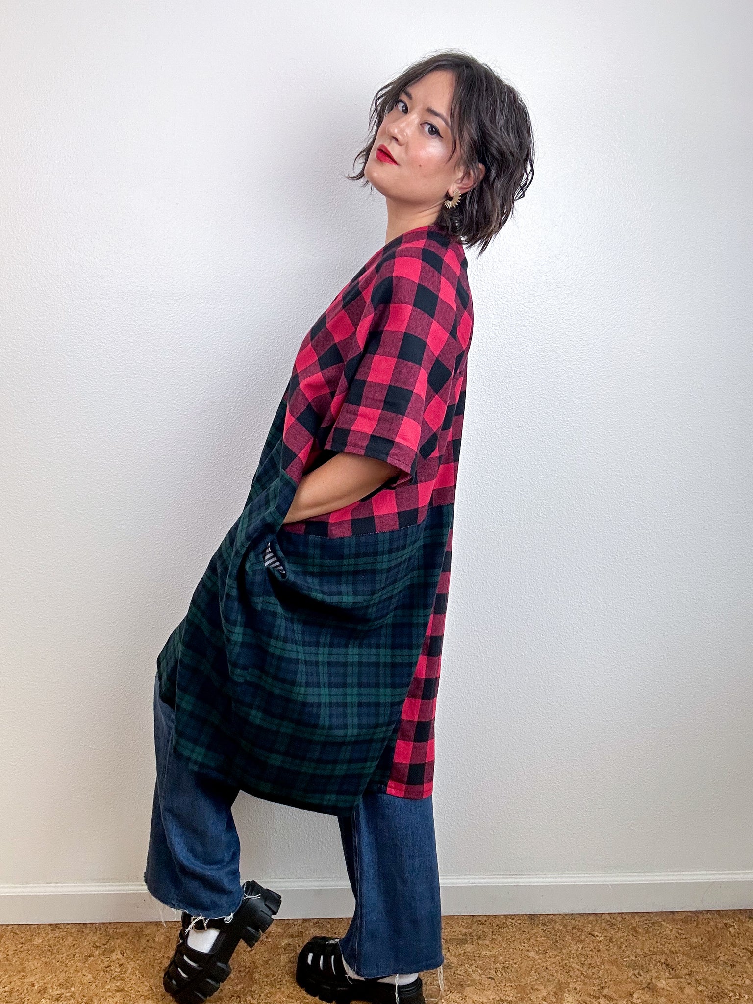 Oversized Patchwork Plaid Smock Dress Forest Red