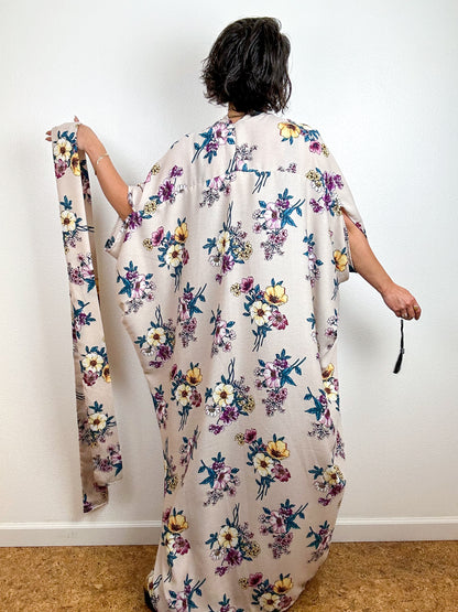 Print High Low Kimono Blush Bouquet Rayon Crepe