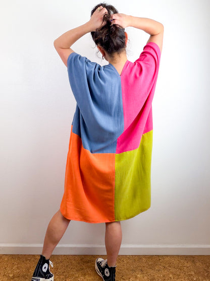 Linen Blend Caftan Dress Fuchsia Blue Chartreuse Orange Color Block