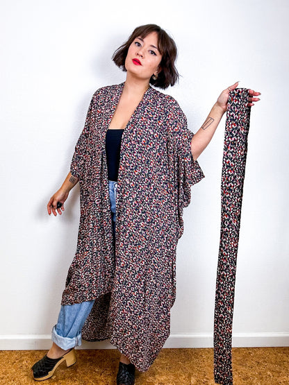 Print High Low Kimono Black Mini Ikat Challis